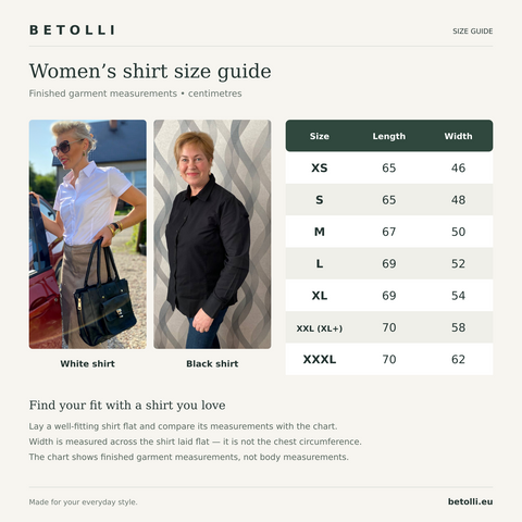 A Betoli women's shirt size guide infographic showing finished garment measurements in centimeters for sizes XS through XXXL, alongside two model photos labeled White shirt and Black shirt.