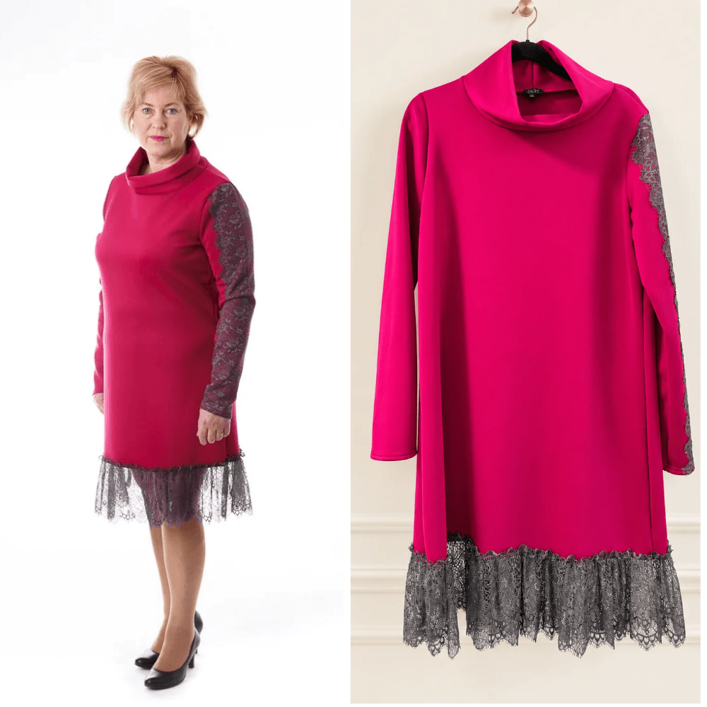 BETOLLI Fuksy fuchsia dress with a folded neckline, long sleeves and dark lace at the hem and on one sleeve, shown on a model and hanger.