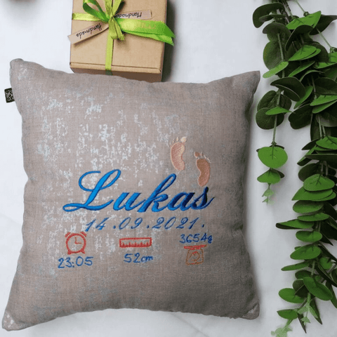 Lukas Linen Pillow With Babay Birth Stats Embroidery