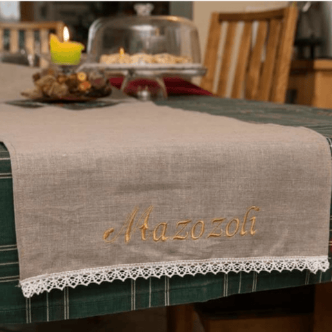 Linen Table Runner with Gold Name embroidery