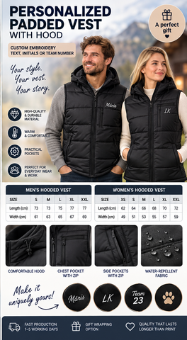 Women  hooded padded Vest with Custom Text Embroidery