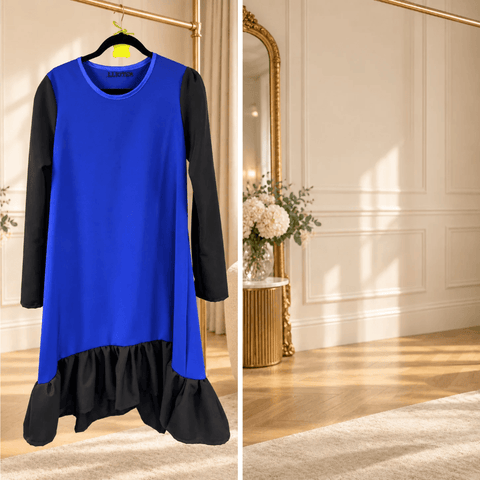 BETOLLI royal blue dress with long black sleeves, a round neckline and an asymmetric black ruffle hem, displayed on a hanger.