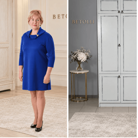 Model wearing the BETOLLI Sawanna Blue royal blue dress with a folded high neckline, three-quarter sleeves and a relaxed silhouette.