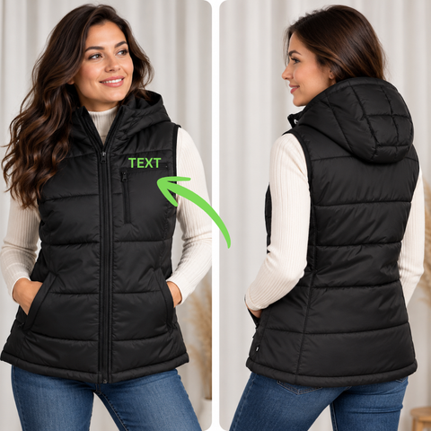 Women  hooded padded Vest with Custom Text Embroidery