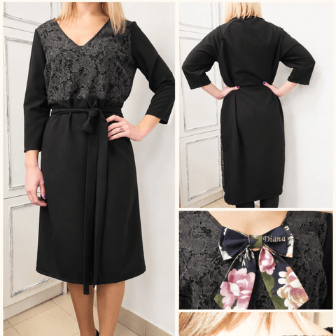 Front and back views of the BETOLLI black cocktail dress with a floral lace bodice, V-neckline, three-quarter sleeves and a tie waist.