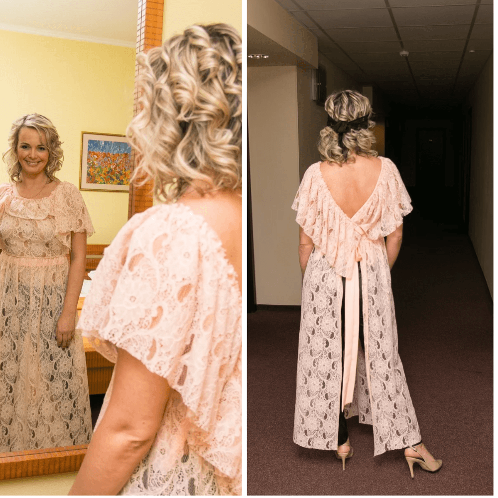 BETOLLI blush pink floral lace apron dress with flutter sleeves, an open back and long waist ties, shown from the front and back.