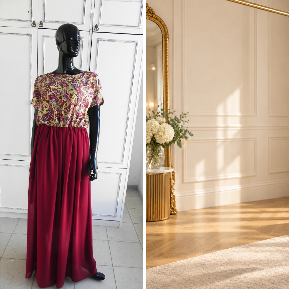 BETOLLI Cranberry Lady maxi dress on a mannequin, featuring a colourful paisley bodice, short sleeves, an elasticated waist and a burgundy chiffon skirt.