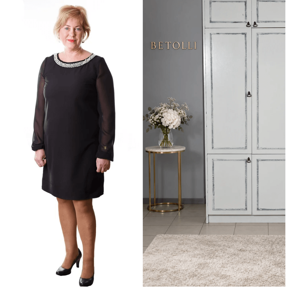 Model wearing the BETOLLI Dimond black dress with sheer long chiffon sleeves, a beaded round neckline and a straight silhouette.