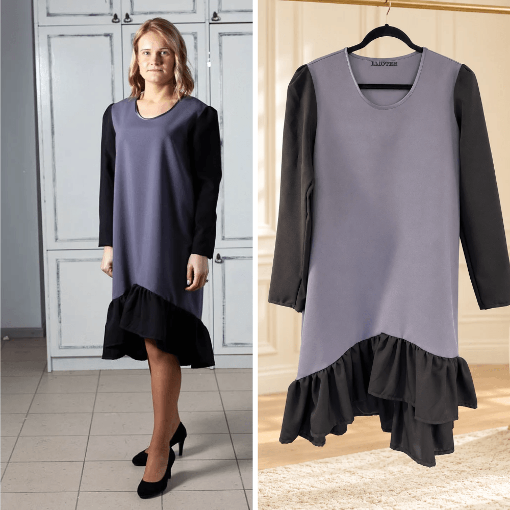 BETOLLI grey and black dress with long black sleeves, a round neckline and a high-low black ruffle hem, shown on a model and hanger.