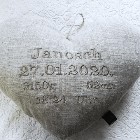 Janosch Linen Baby Stats Embroidered Pillow
