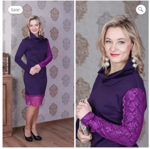 Model wearing the BETOLLI Lavandine purple dress with a draped cowl neckline, long sleeves and contrasting magenta lace on one sleeve and the hem.