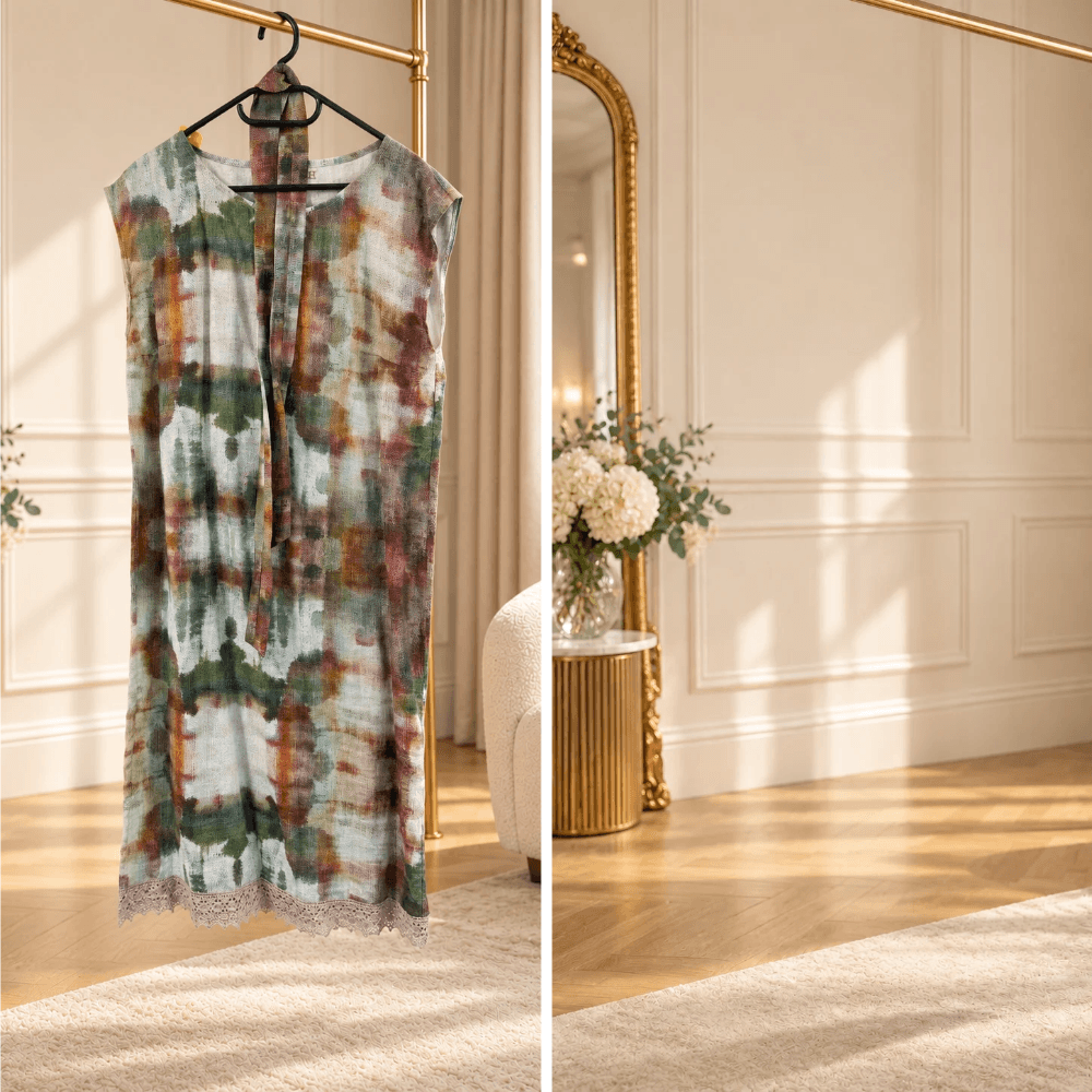 BETOLLI Forest Lady linen midi dress on a hanger, featuring an abstract green, rust and neutral print with a delicate lace hem.