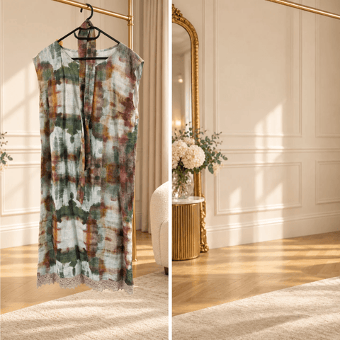 BETOLLI Forest Lady linen midi dress on a hanger, featuring an abstract green, rust and neutral print with a delicate lace hem.