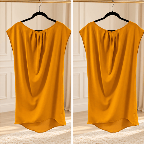 BETOLLI Pineapple mustard yellow dress with cap sleeves, a pleated round neckline and a curved high-low hem, displayed on a hanger.