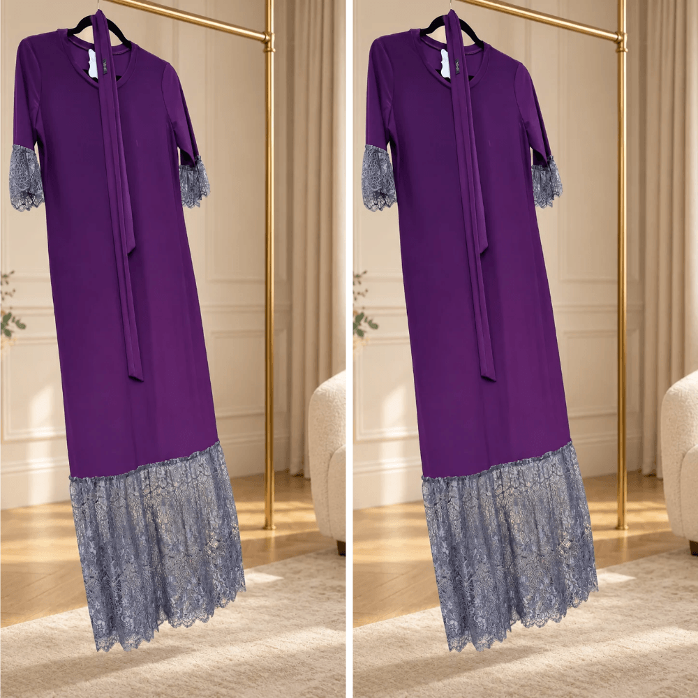BETOLLI Purple Night purple maxi dress with contrasting grey lace sleeve trims, a wide lace hem and a matching purple tie belt.
