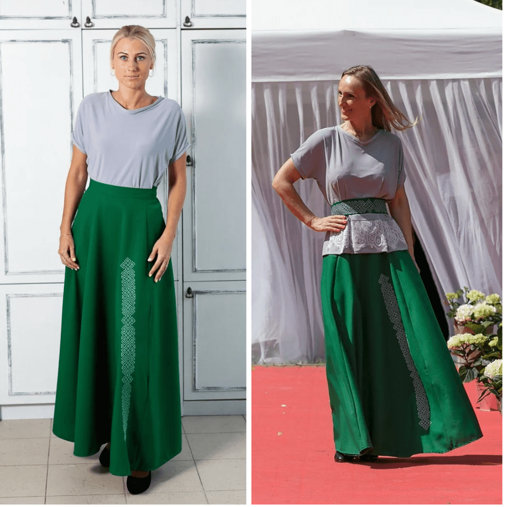 BETOLLI Rasa green A-line maxi skirt with a vertical band of Lielvārde-pattern embroidery, shown on a model in two styled looks.