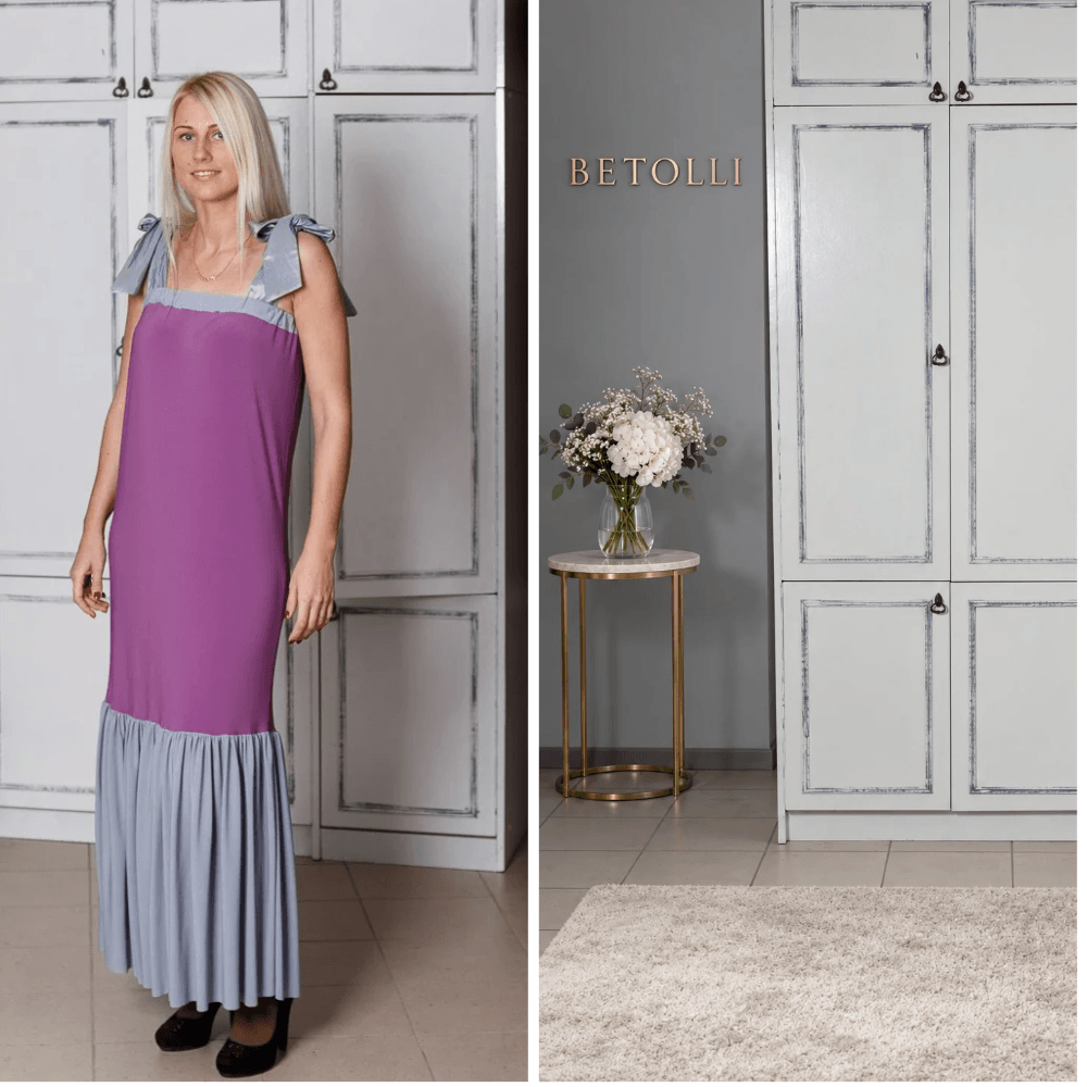 BETOLLI Sharm purple maxi dress with grey tie shoulder straps, a grey neckline and a wide gathered grey ruffle hem, worn by a model.