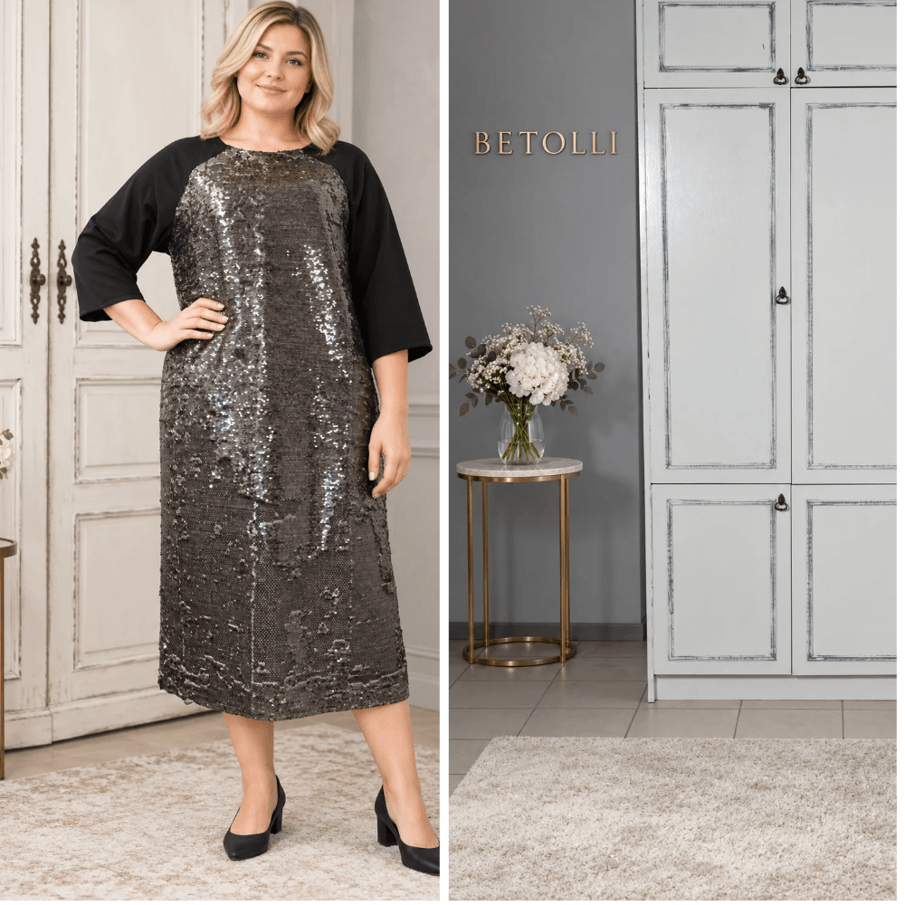 Model wearing the BETOLLI Star midi dress with a silver-toned sequin front, black three-quarter sleeves and a round neckline.