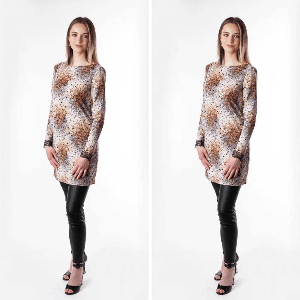 Model wearing the BETOLLI Wild Lady neutral-toned printed jersey tunic dress with long sleeves and lace cuffs, styled with black leggings.