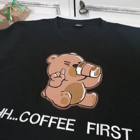 Coffe First Men’s T-Shirts with Text and Big Bear patch