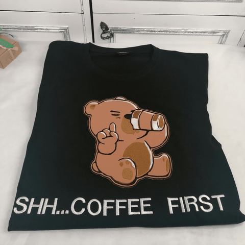 Coffe First Men’s T-Shirts with Text and Big Bear patch