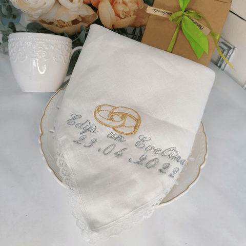 Wedding Linen Napkin With Gold Rings, Date and Names Embroidery
