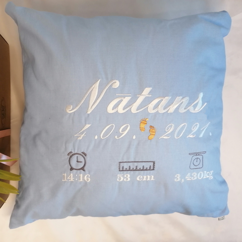 Cotton Embrodered Pillow With Babay Birth Stats