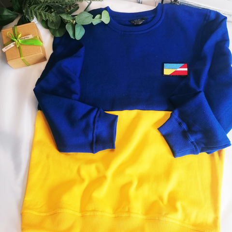 Unisex džemperis Ukrainas karoga krāsās un karoga ielāps